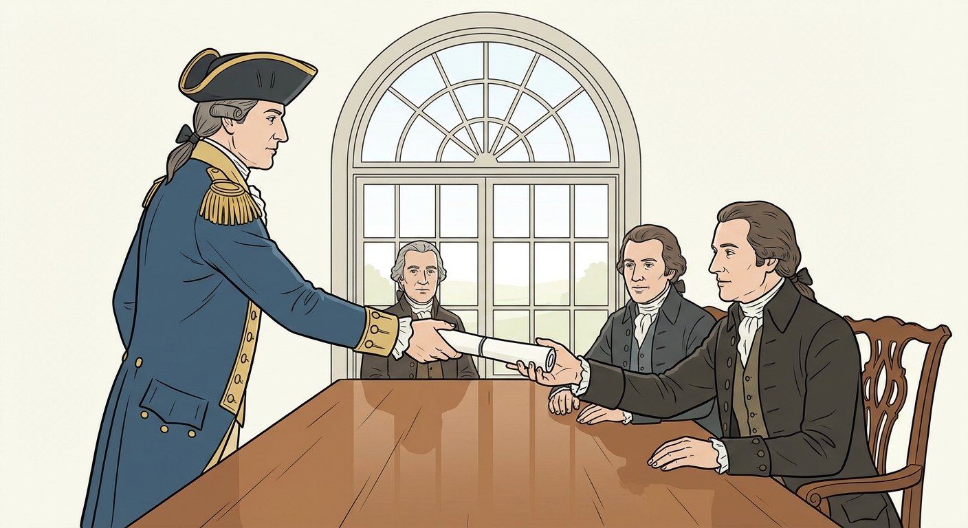 Dessin simple montrant un homme de profil en uniforme militaire bleu et or remettant un rouleau de papier blanc à un groupe de trois hommes en costumes civils sombres. Les hommes civils sont assis autour d'une grande table en bois. Fond clair de salle avec une grande fenêtre, sans aucun texte.