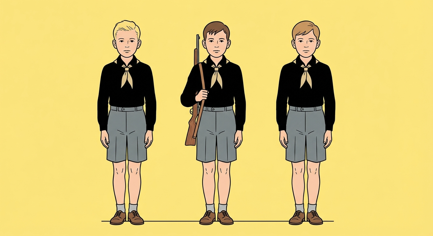 Illustration de trois jeunes garçons se tenant très droits, alignés de face. Ils portent une chemise noire, un petit foulard clair autour du cou et un short gris. Le garçon du milieu tient un petit fusil en bois posé contre son épaule droite. Fond jaune uni.