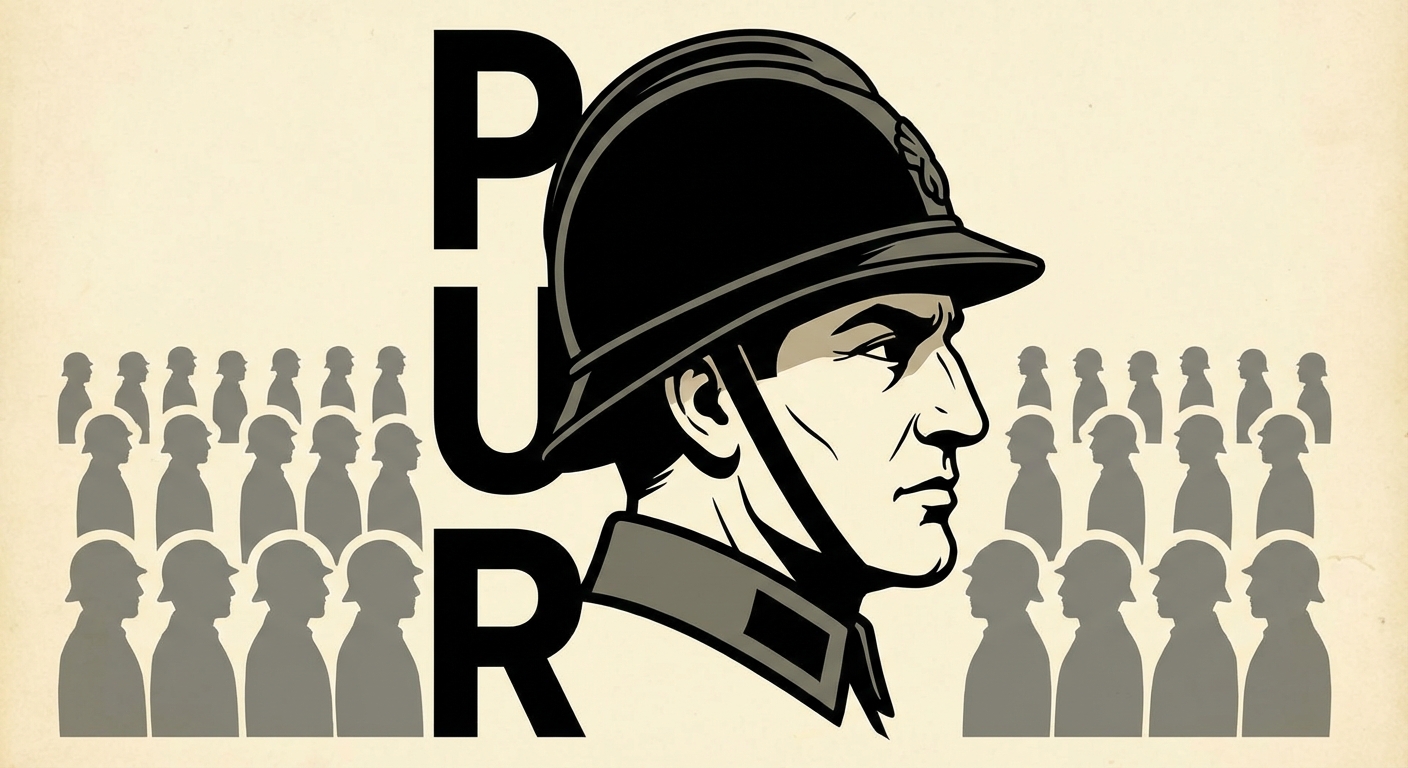Dessin de style affiche ancienne montrant le profil droit d'un homme imposant portant un casque militaire sombre. En arrière-plan, trois grandes lettres majuscules noires alignées verticalement. Autour de lui, une foule stylisée de petites silhouettes grises toutes tournées dans la même direction.