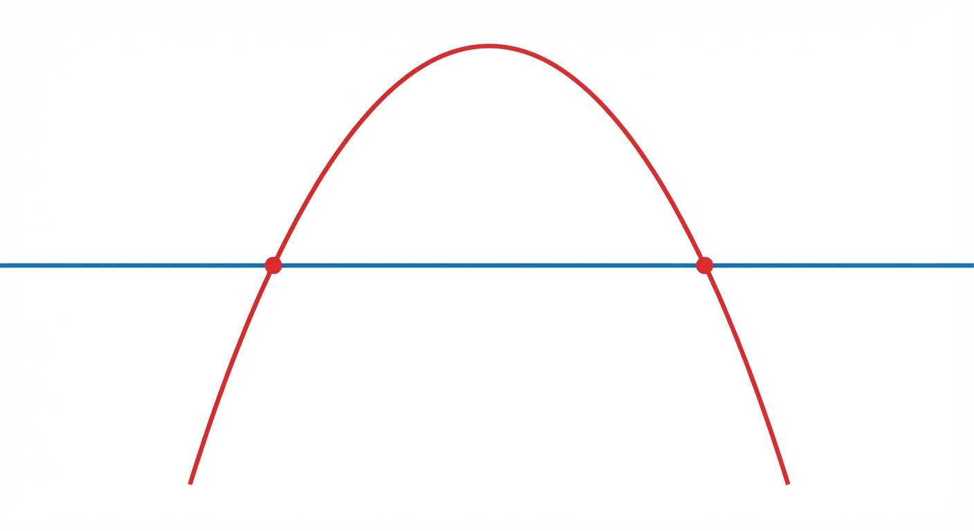 Schéma simple en 2D vue de profil : une ligne horizontale bleue représente l'eau. Une courbe parabolique rouge inversée commence sous l'eau, monte au-dessus de la ligne, atteint un sommet, et redescend pour replonger. Les deux points d'intersection sont marqués.