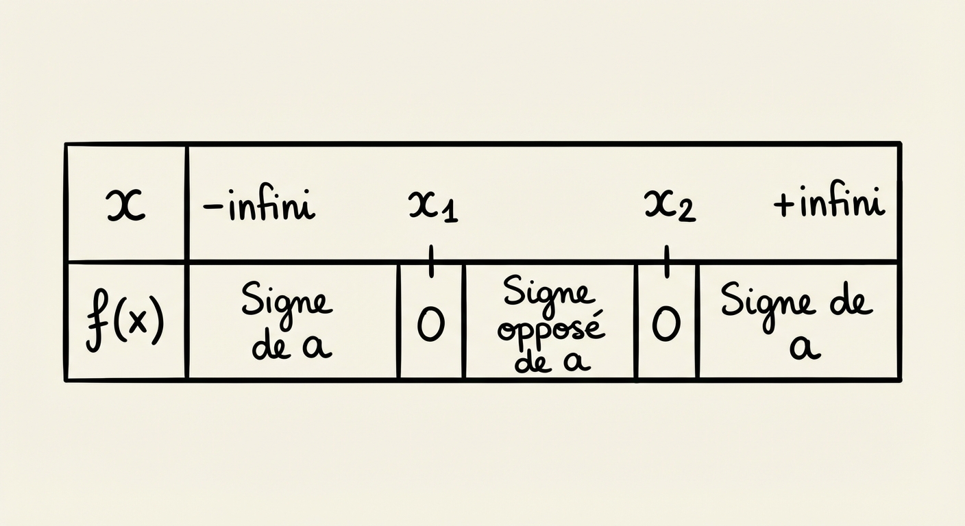 Tableau de signes mathématique. Ligne x : -infini, x1, x2, +infini. Ligne f(x) : écrit 'Signe de a' avant x1, 0 sous x1, 'Signe opposé de a' entre x1 et x2, 0 sous x2, 'Signe de a' après x2.