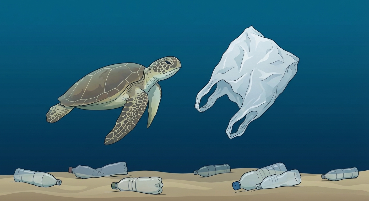 Dessin sous-marin réaliste. Une tortue de mer nage près d'un sac plastique transparent qui ressemble à une méduse. Le fond de l'eau est bleu sombre. Quelques bouteilles plastiques gisent sur le sable au fond.