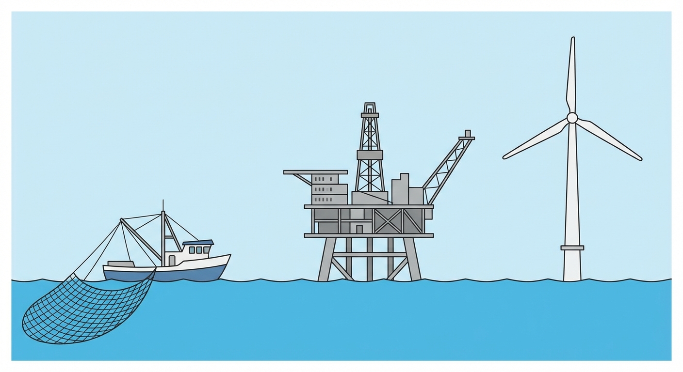 Schéma simple sur fond blanc. À gauche, un bateau de pêche avec un filet dans l'eau. Au centre, une plateforme pétrolière grise posée sur la mer. À droite, une éolienne blanche plantée dans l'eau. Le ciel est bleu clair.