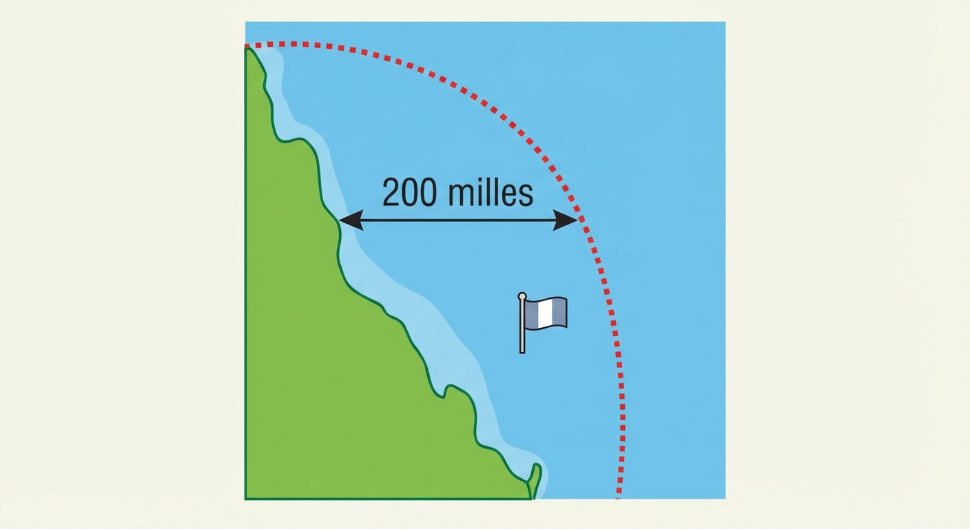 Schéma vue de dessus. À gauche, une terre verte (la côte). Une ligne pointillée rouge trace une frontière en arc de cercle dans la mer bleue. Une flèche indique la distance entre la côte et la ligne rouge avec l'étiquette '200 milles'. Un drapeau indique que la zone appartient au pays côtier.