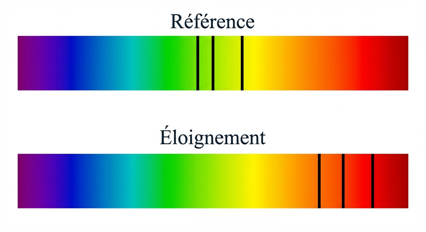Illustration technique sur fond blanc montrant deux barres horizontales de spectres lumineux (arc-en-ciel). La barre du haut est étiquetée 'Référence' et montre les couleurs normales avec trois traits noirs verticaux au milieu. La barre du bas est étiquetée 'Éloignement' : les mêmes couleurs sont présentes mais les trois traits noirs sont décalés vers la droite, vers la couleur rouge.