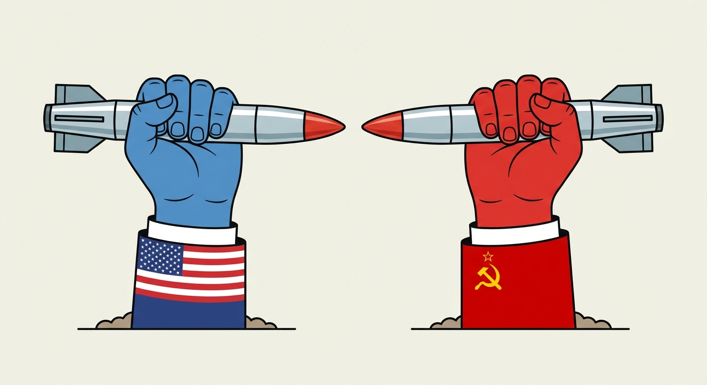 Dessin simple de deux mains géantes qui sortent du sol face à face. La main gauche est bleue avec un drapeau américain sur la manche, elle tient un missile. La main droite est rouge avec un drapeau soviétique, elle tient un missile identique. Les deux missiles se pointent l'un vers l'autre mais ne bougent pas.