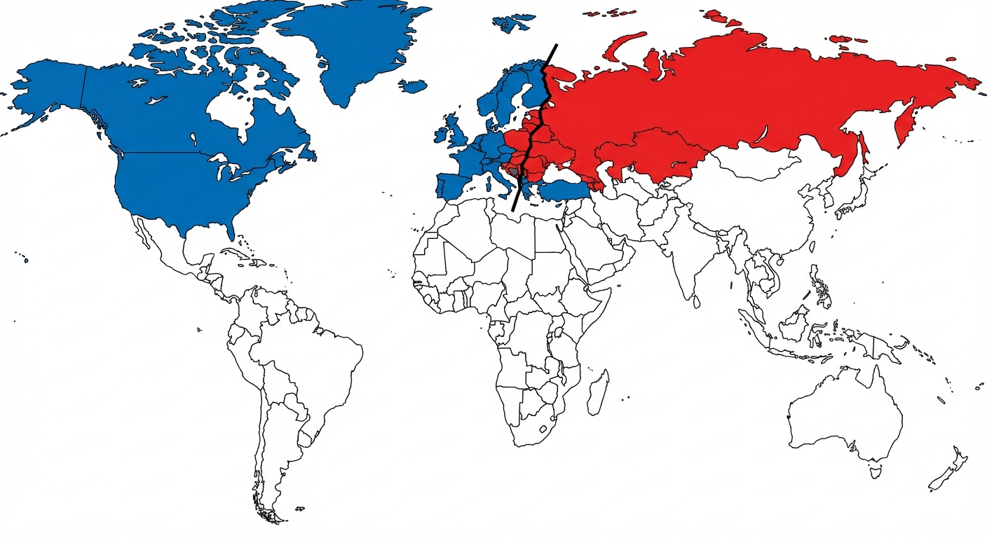Carte du monde simplifiée style scolaire. L'Amérique du Nord et l'Europe de l'Ouest sont coloriées en bleu. La Russie et l'Europe de l'Est sont coloriées en rouge. Une ligne noire épaisse coupe l'Europe en deux. Fond blanc.