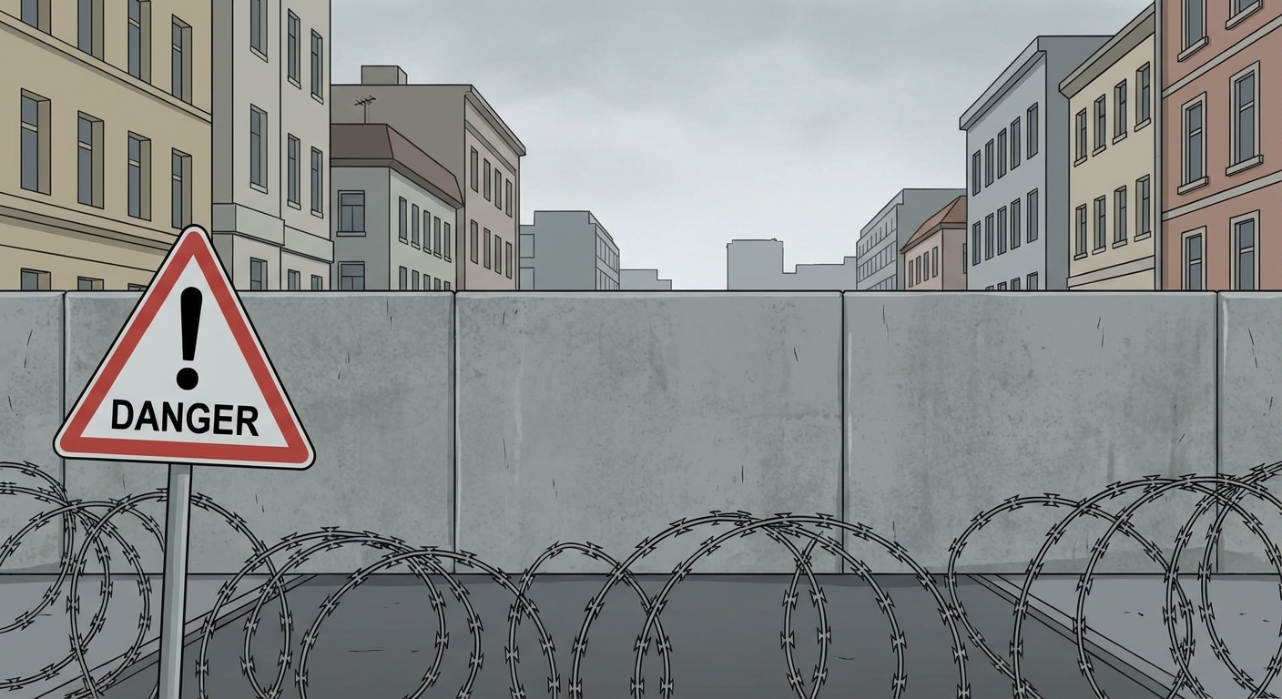 Illustration réaliste d'un mur en béton gris traversant une rue de ville. Au premier plan, des barbelés et un panneau danger. Derrière le mur, on voit des immeubles. Le ciel est gris.