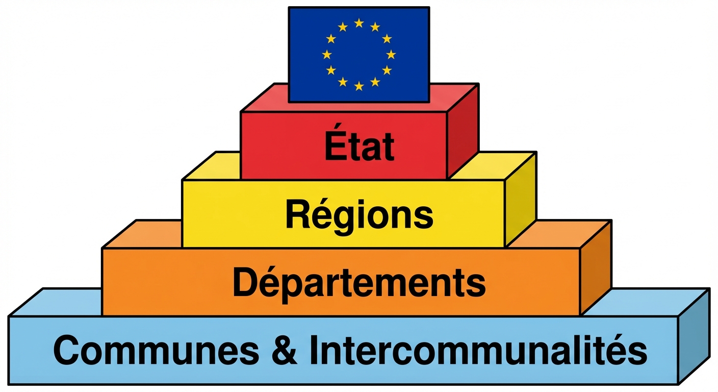 Schéma en empilement de briques sur fond blanc. En bas la brique 'Communes & Intercommunalités', au-dessus 'Départements', puis 'Régions', puis 'État', et tout en haut un drapeau de l'Union Européenne.
