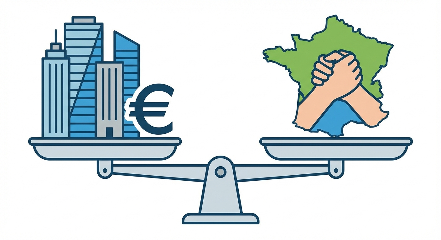 Illustration vectorielle simple style scolaire sur fond blanc. Une balance à l'équilibre. Plateau de gauche : des gratte-ciels et un symbole d'euro (€) représentant la 'Compétitivité'. Plateau de droite : une carte de France avec des mains qui se serrent représentant la 'Cohésion territoriale'.