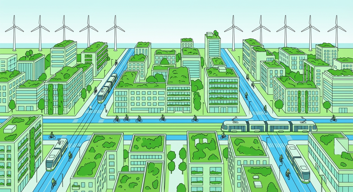 Dessin d'urbanisme vue de dessus. Une ville verte futuriste avec des toits végétaux, des pistes cyclables larges, des tramways et des éoliennes au loin. Couleurs dominantes : vert et bleu clair. Style clair et optimiste.