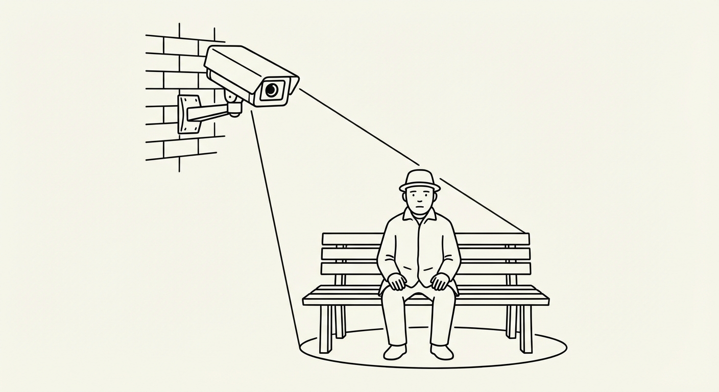 Dessin minimaliste en noir et blanc : une caméra de surveillance fixée à un mur, filmant un homme assis sur un banc. L'homme est neutre, sans bulle de pensée.