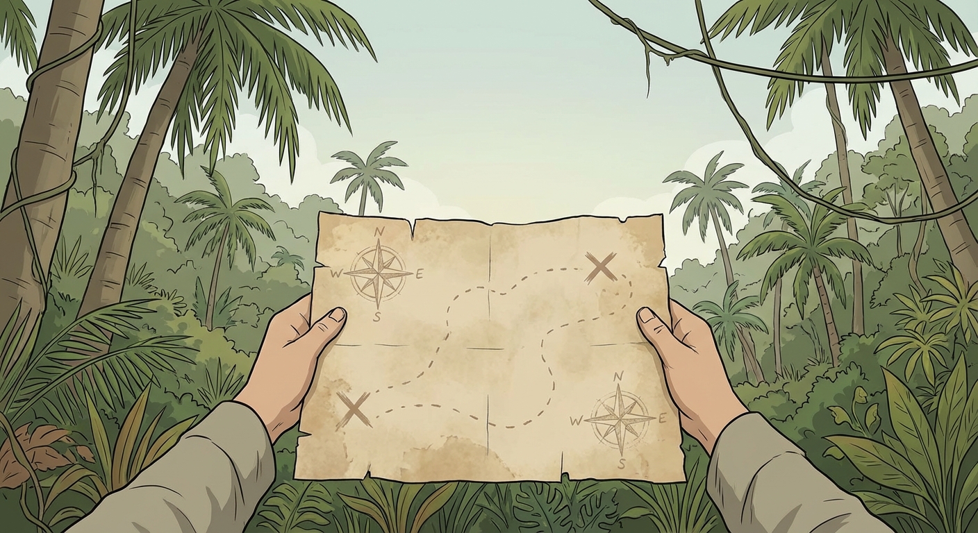 Dessin en vue subjective (FPS) : on voit deux mains tenant une carte au trésor, et au loin un paysage de jungle. On ne voit pas le visage du personnage, on est à sa place.