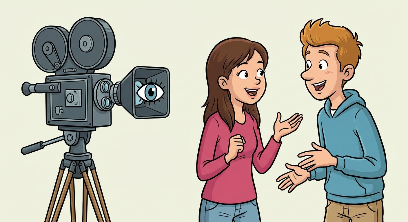 Illustration simple style dessin animé : une caméra de cinéma sur trépied filme deux personnages qui discutent. Un œil stylisé est dessiné sur l'objectif de la caméra.