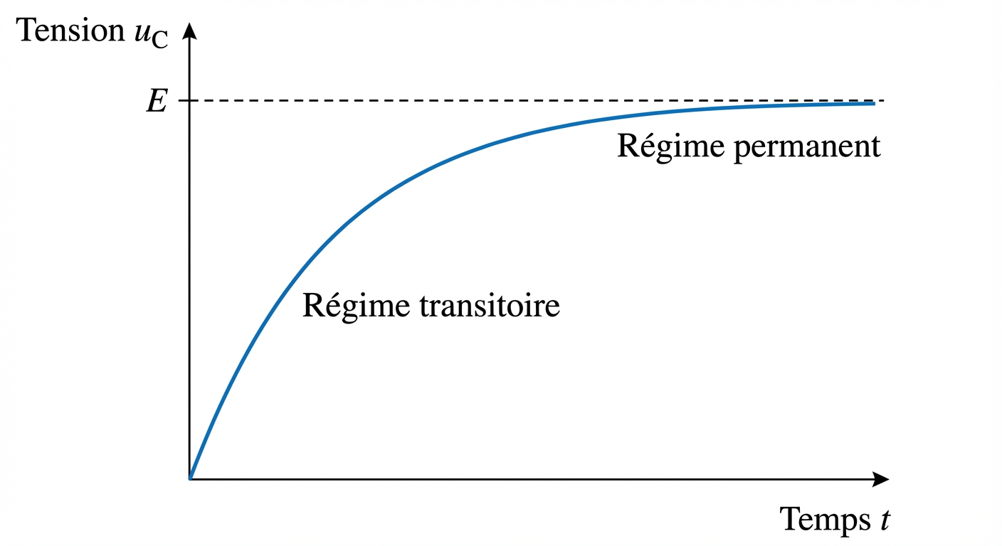 Graphique 2D sur fond blanc. Axe vertical : Tension uC (de 0 à E). Axe horizontal : Temps t. Une courbe bleue part de l'origine (0,0) et monte progressivement de manière exponentielle pour frôler une ligne horizontale pointillée E située en haut. Mentionner 'Régime transitoire' au début et 'Régime permanent' à la fin.