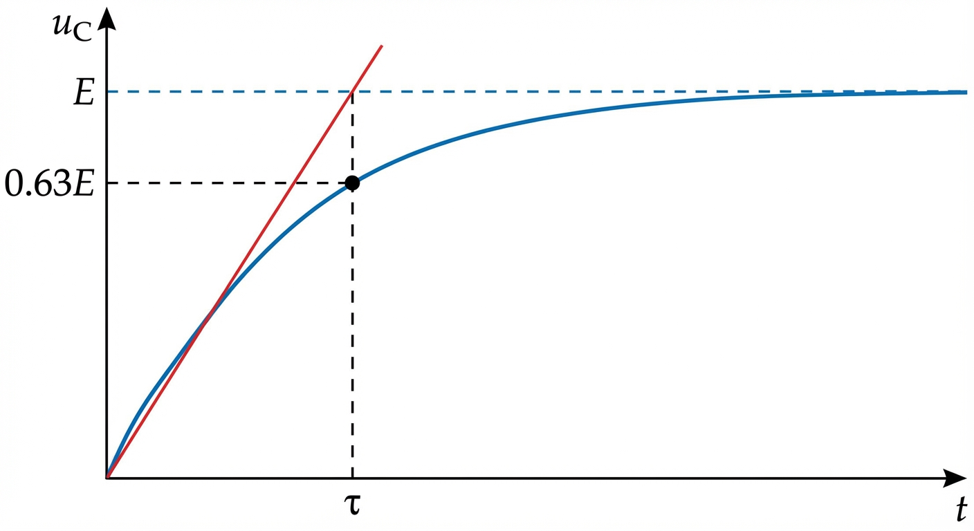 Graphique de la charge uC(t). Une tangente rouge part de (0,0) et coupe l'asymptote E à un point d'abscisse 'tau'. Sur la courbe bleue, un point est marqué à 0.63*E correspondant à la même abscisse 'tau'.