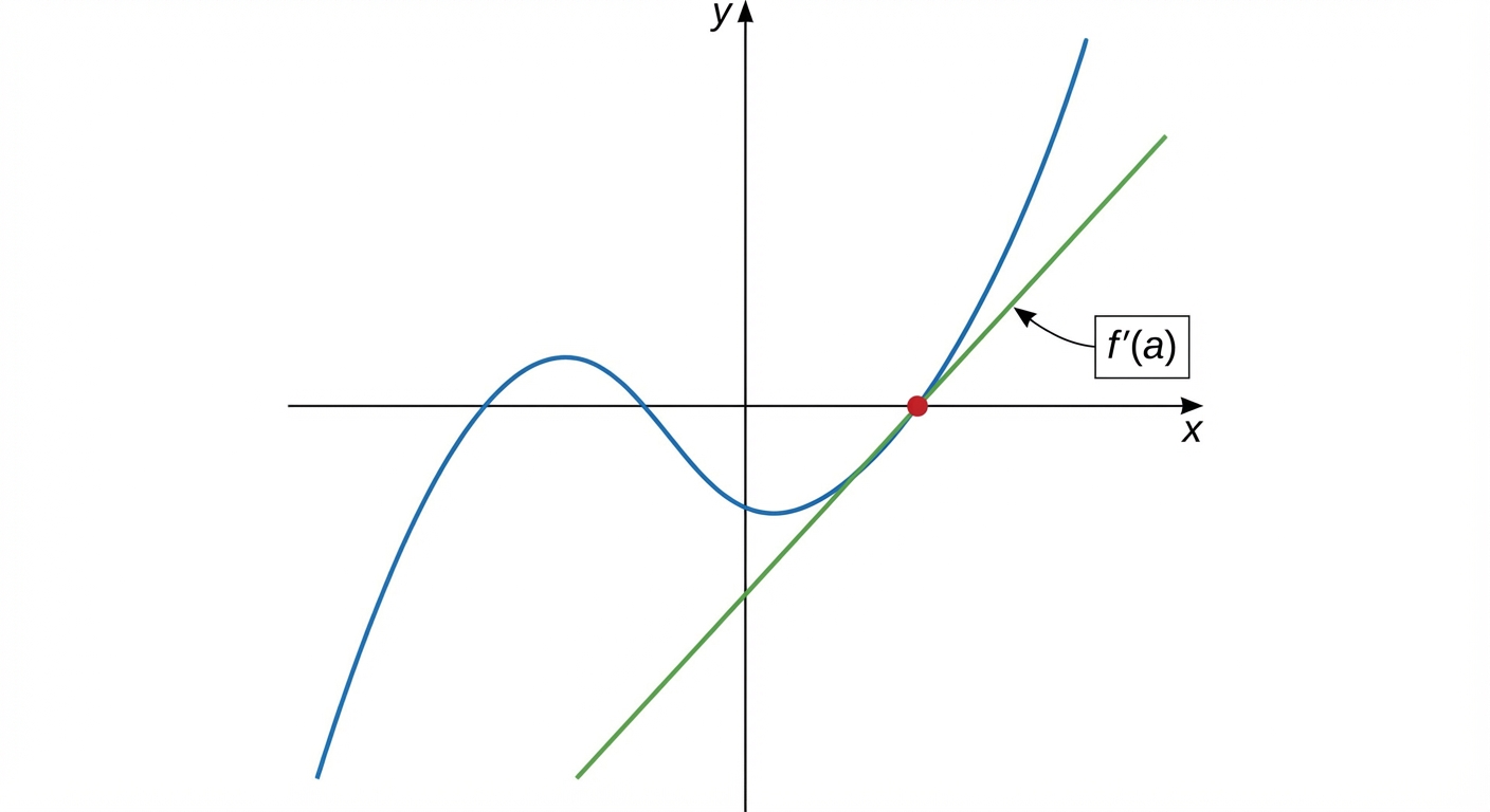 Schéma simple sur fond blanc. Un repère orthonormé avec une courbe bleue. Un point rouge sur la courbe. Une droite verte (la tangente) passe par ce point. Une annotation montre que la pente de cette droite verte est le nombre dérivé f'(a).