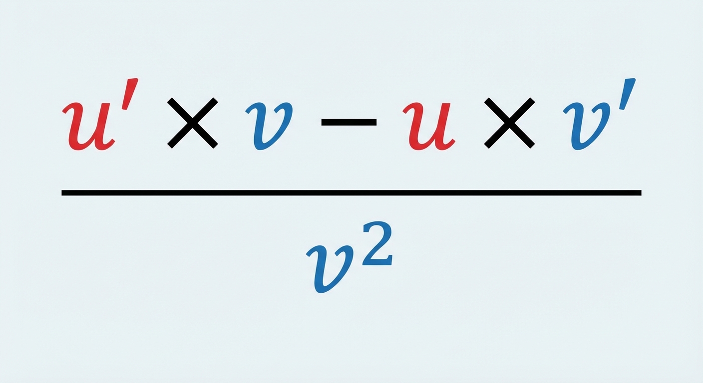 Image d'une formule mathématique colorée centrée. Grande fraction. Numérateur : (u' rouge * v bleu) MOINS (u rouge * v' bleu). Dénominateur : (v bleu) au carré. Fond épuré.