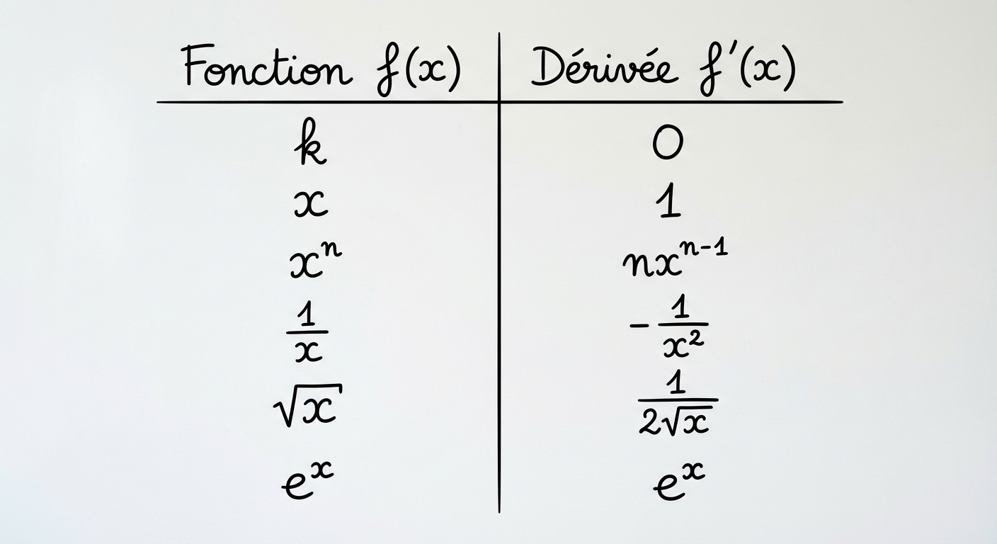 Tableau scolaire clair à deux colonnes. Gauche 'Fonction f(x)', Droite 'Dérivée f'(x)'. Lignes : k -> 0 ; x -> 1 ; x^n -> nx^(n-1) ; 1/x -> -1/x^2 ; racine(x) -> 1/(2racine(x)) ; e^x -> e^x. Fond blanc, texte noir.