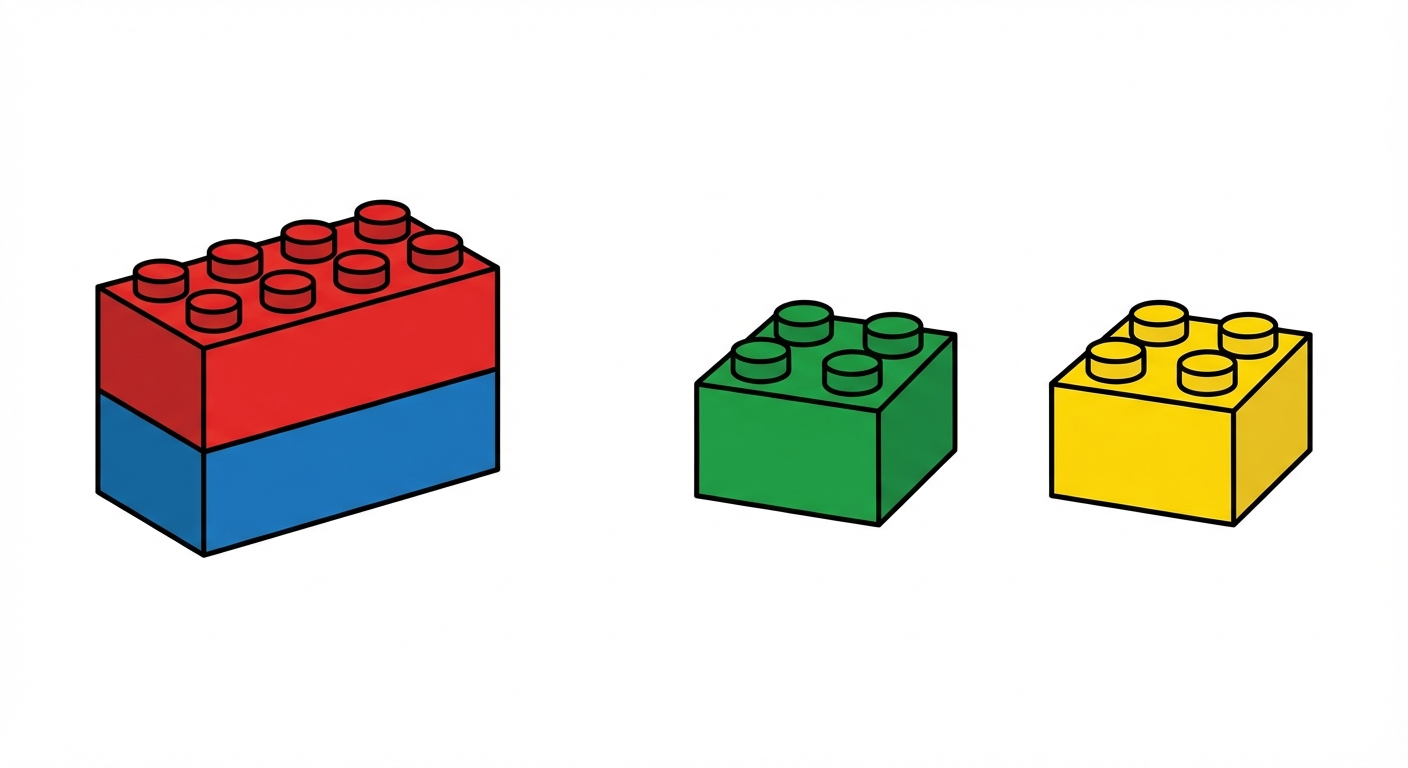 Illustration style bande dessinée simple. À gauche, deux briques de lego emboîtées l'une sur l'autre (Épithète). À droite, deux briques de lego posées côte à côte séparées par un espace (Apposition).