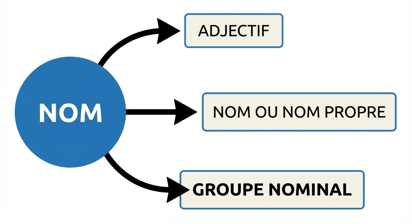 Schéma simple sur fond blanc. Au centre, un cercle bleu avec le mot NOM. Trois flèches partent de ce cercle vers trois étiquettes : 1. Adjectif. 2. Nom ou Nom propre. 3. Groupe Nominal.