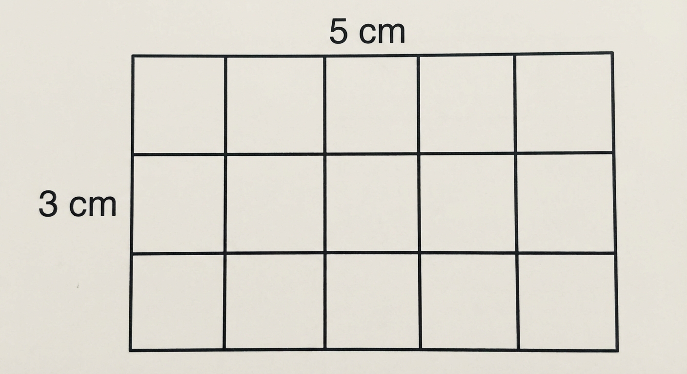 Schéma d'un rectangle divisé en quadrillage. Il y a 3 lignes horizontales et 5 colonnes verticales, formant 15 petits carrés identiques. Les côtés sont annotés '5 cm' et '3 cm'.