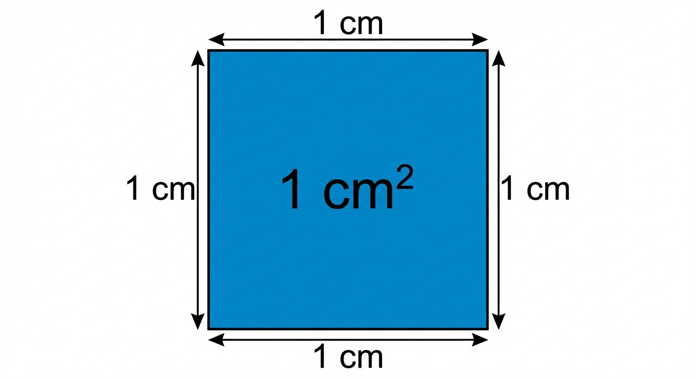 Dessin simple d'un carré bleu sur fond blanc. Chaque côté du carré est marqué par une flèche indiquant '1 cm'. À l'intérieur du carré, il est écrit en grand '1 cm²'.