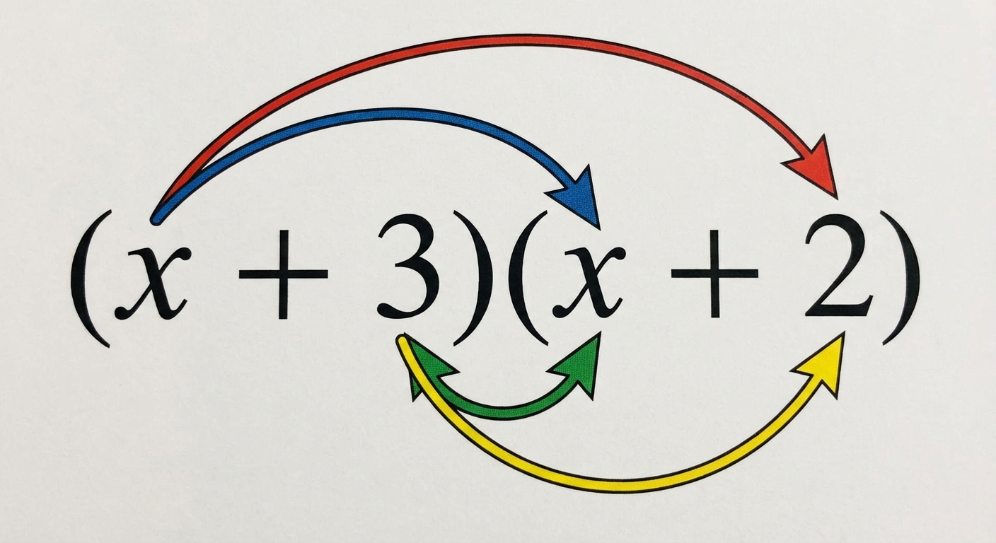 Illustration mathématique simple sur fond blanc. L'expression (x + 3)(x + 2) est écrite en noir au centre. Quatre flèches courbes colorées partent du haut et du bas pour relier les termes : une flèche part du premier 'x' vers le deuxième 'x', une autre du premier 'x' vers le '2'. Ensuite, une flèche part du '3' vers le 'x', et une dernière du '3' vers le '2'.