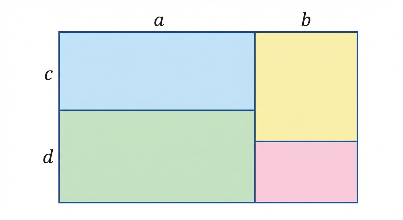 Schéma géométrique 2D simple sur fond blanc. Un grand rectangle divisé en quatre parties rectangulaires inégales par une ligne verticale et une ligne horizontale. Les longueurs des côtés du haut sont annotées 'a' et 'b'. Les largeurs sur le côté gauche sont annotées 'c' et 'd'. Les quatre aires intérieures sont colorées différemment en tons pastels.