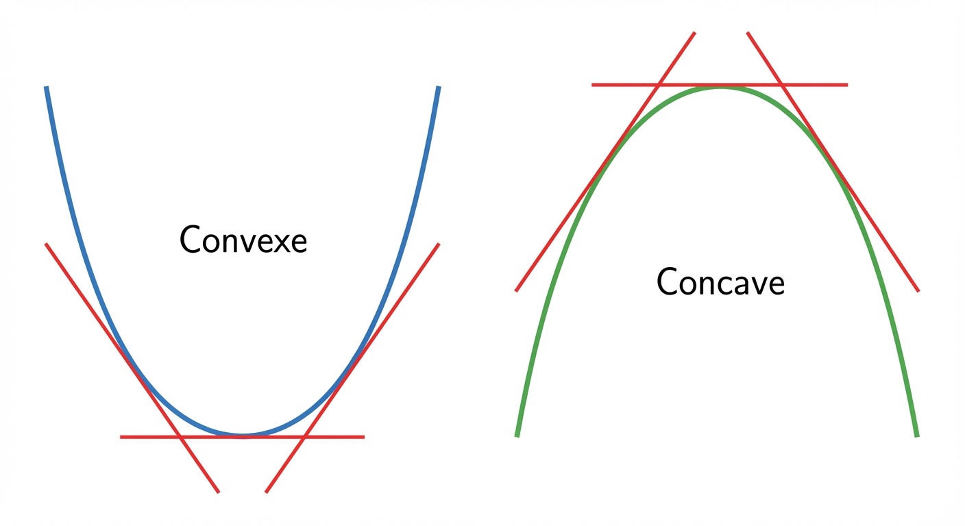 Schéma simple en deux parties sur fond blanc. À gauche, une courbe bleue en forme de U (bol/sourire) étiquetée Convexe, avec trois tangentes rouges tracées en dessous. À droite, une courbe verte en forme de U inversé (pont) étiquetée Concave, avec trois tangentes rouges tracées au-dessus.