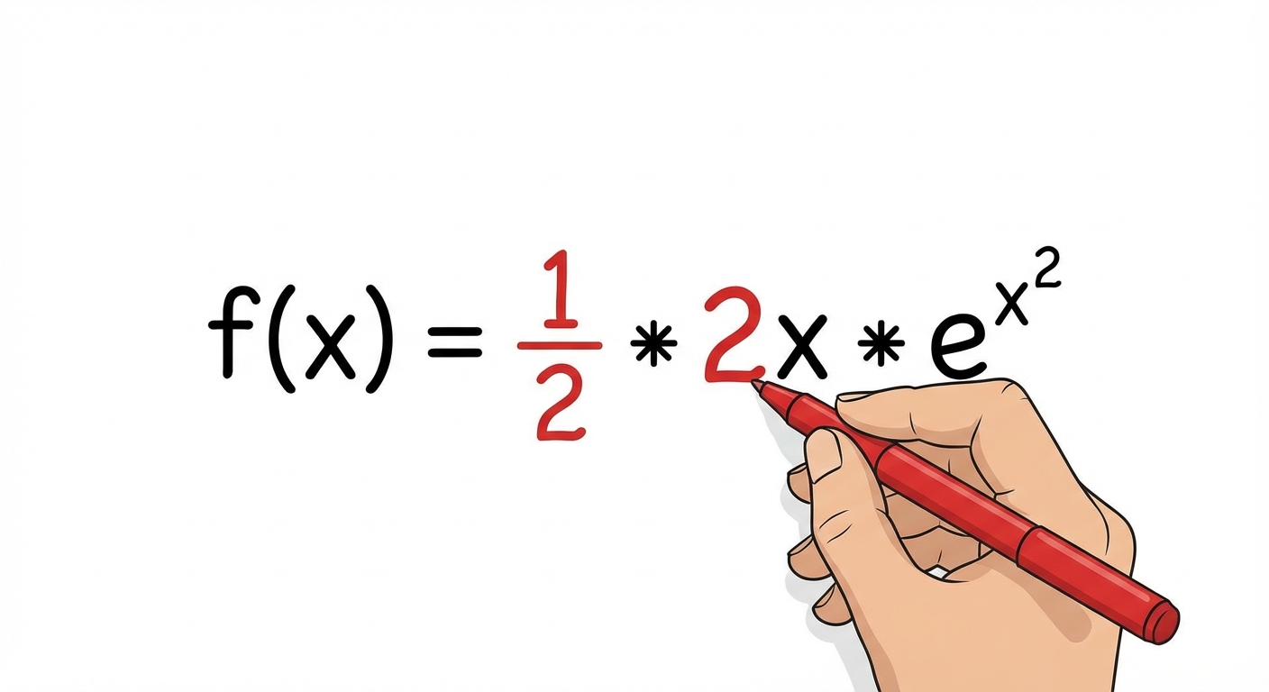 Dessin épuré style scolaire. Une équation mathématique f(x) = x * e^(x^2). Une main dessine en rouge un '2' devant le x et un '1/2' tout devant l'expression pour équilibrer. Fond blanc.