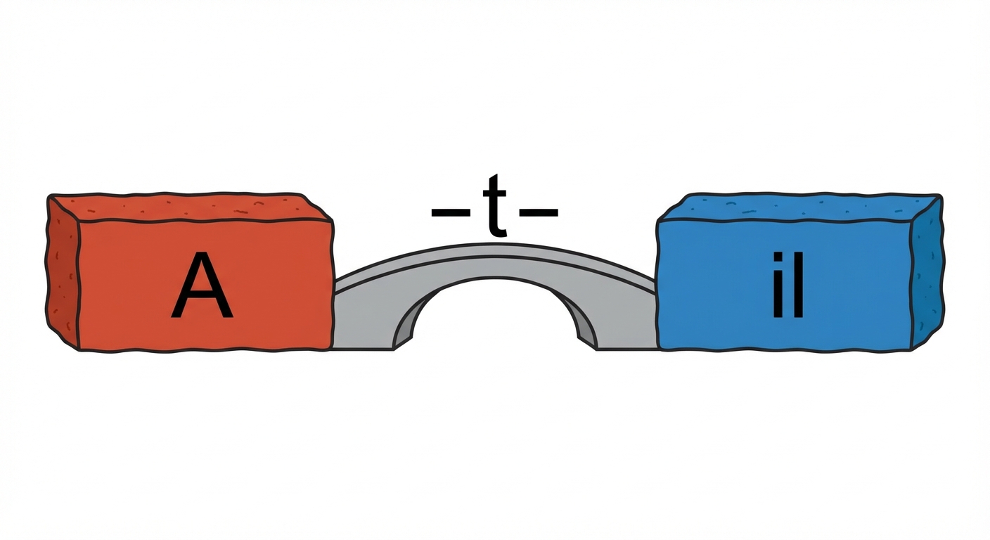 Dessin schématique sur fond blanc. À gauche une brique rouge avec la lettre 'A', à droite une brique bleue avec le mot 'il'. Entre les deux, un petit pont gris relie les briques. Sur le pont, la lettre 't' est écrite en noir, encadrée par deux traits d'union.