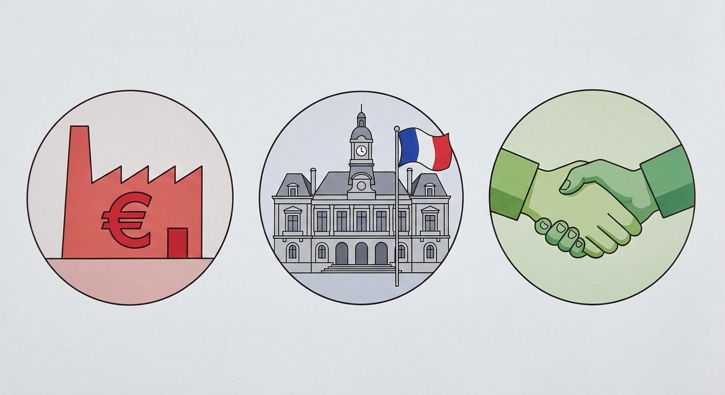 Trois cercles distincts alignés horizontalement sur fond blanc. Cercle 1 (gauche) : une usine rouge avec le symbole euro. Cercle 2 (milieu) : un bâtiment officiel type mairie avec un drapeau tricolore. Cercle 3 (droite) : deux mains qui se serrent de couleur verte pour symboliser l'association.