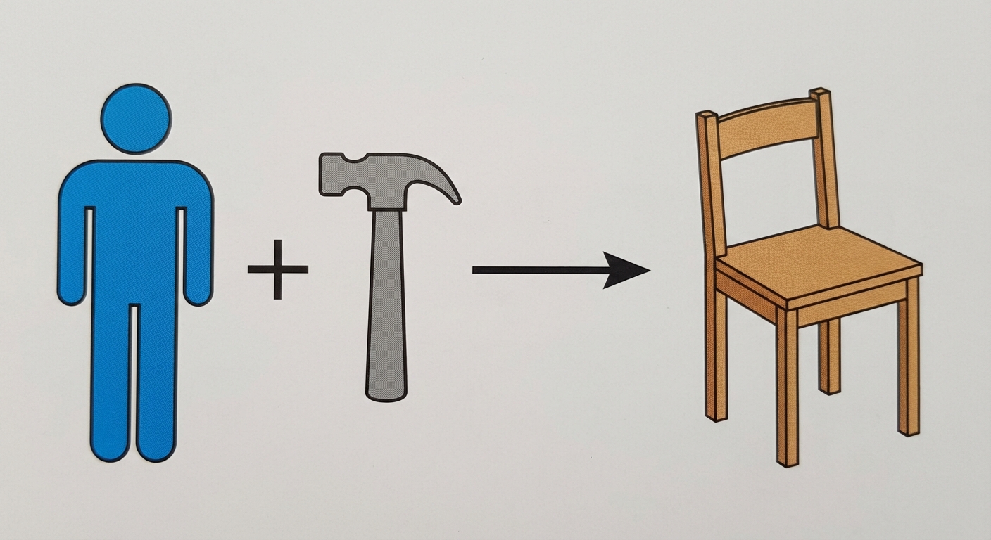 Illustration style icône simple sur fond blanc. À gauche, un bonhomme bleu (représentant le travail) et un marteau gris (représentant le capital). Une flèche noire pointe vers la droite vers une chaise en bois (le produit fini). Le signe plus (+) est visible entre le bonhomme et le marteau.