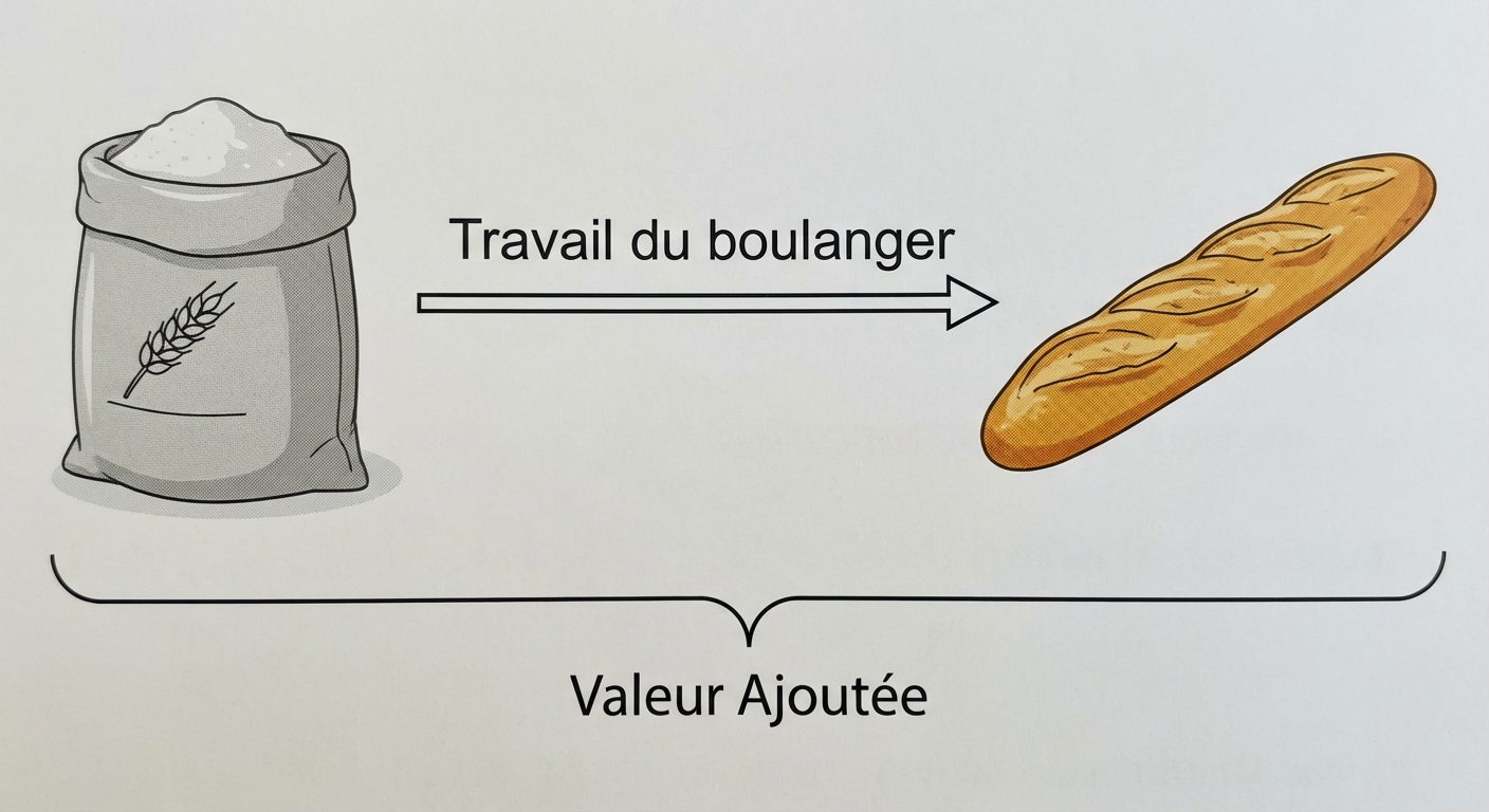 Schéma mathématique simple horizontal. À gauche : un sac de farine gris. Flèche vers la droite avec le texte 'Travail du boulanger'. À droite : une baguette de pain dorée. Une accolade sous le schéma indique que la différence de valeur entre la farine et le pain est la Valeur Ajoutée.