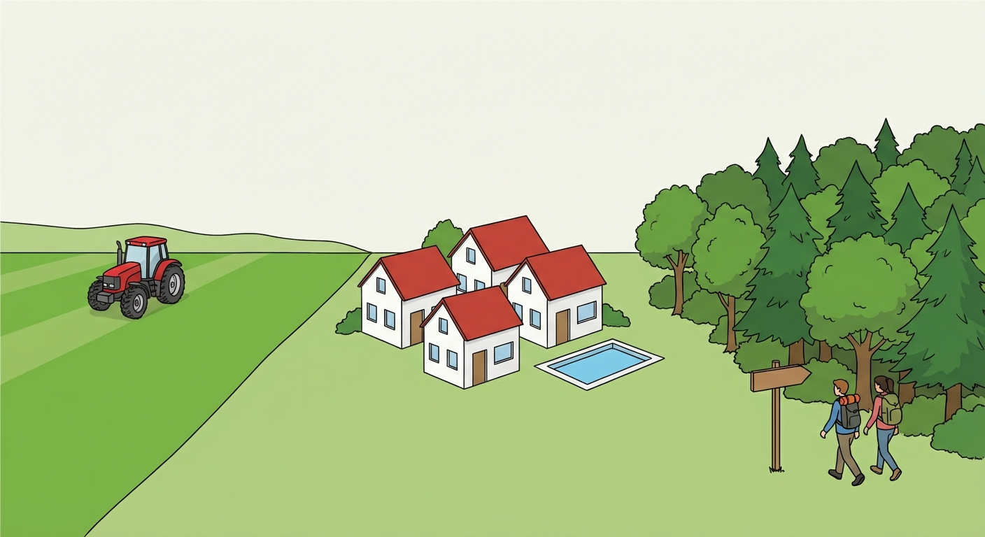 Dessin simple montrant un paysage divisé en trois zones. À gauche, un grand champ vert avec un tracteur rouge. Au centre, un groupe de quatre maisons blanches avec des toits rouges et une petite piscine bleue. À droite, une forêt verte dense avec un panneau marron indiquant un sentier et deux personnages marchant avec des sacs à dos.