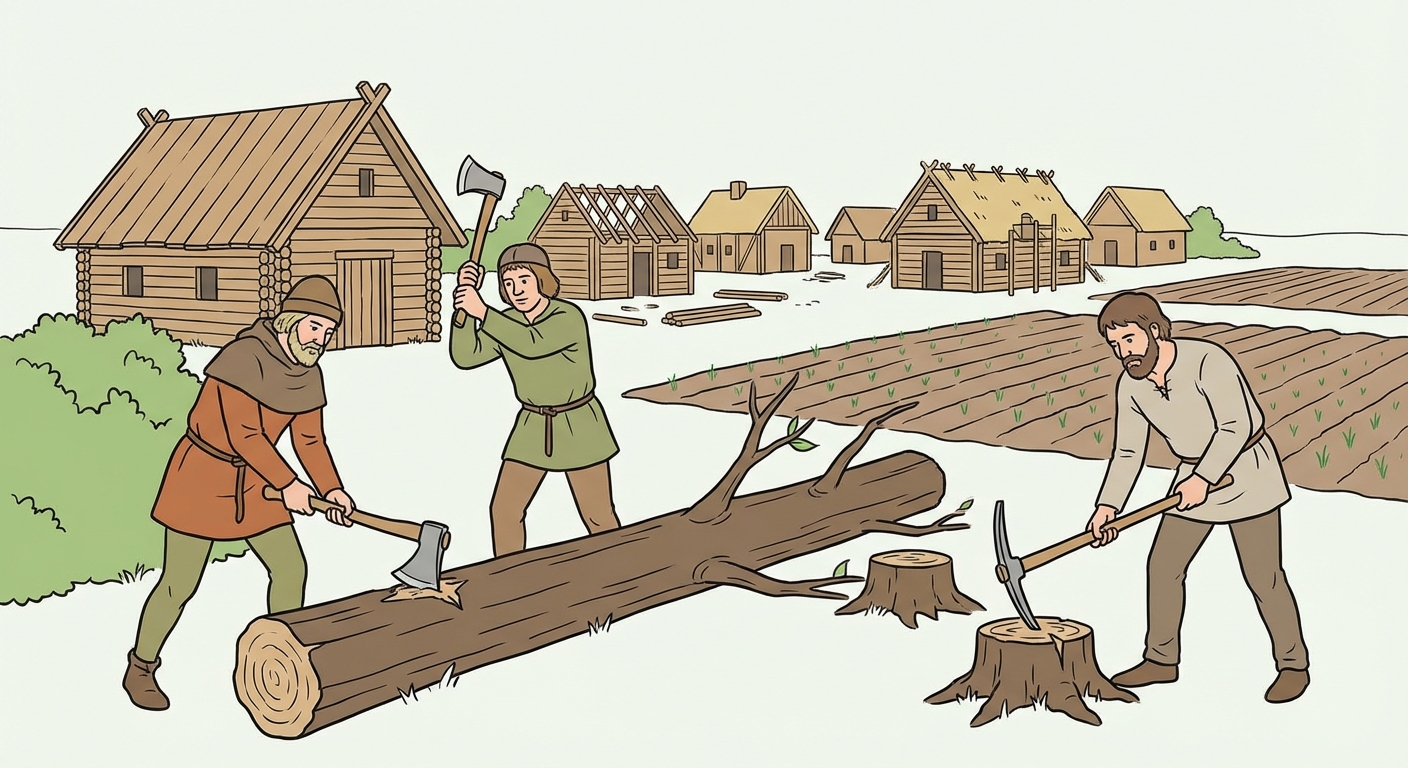 Dessin de paysage. Au premier plan, deux paysans coupent un gros arbre avec des haches. À côté, un autre enlève des souches avec une pioche. En arrière-plan, on voit un nouveau village en construction avec quelques maisons en bois et des champs de blé qui commencent à pousser là où la forêt a été coupée.