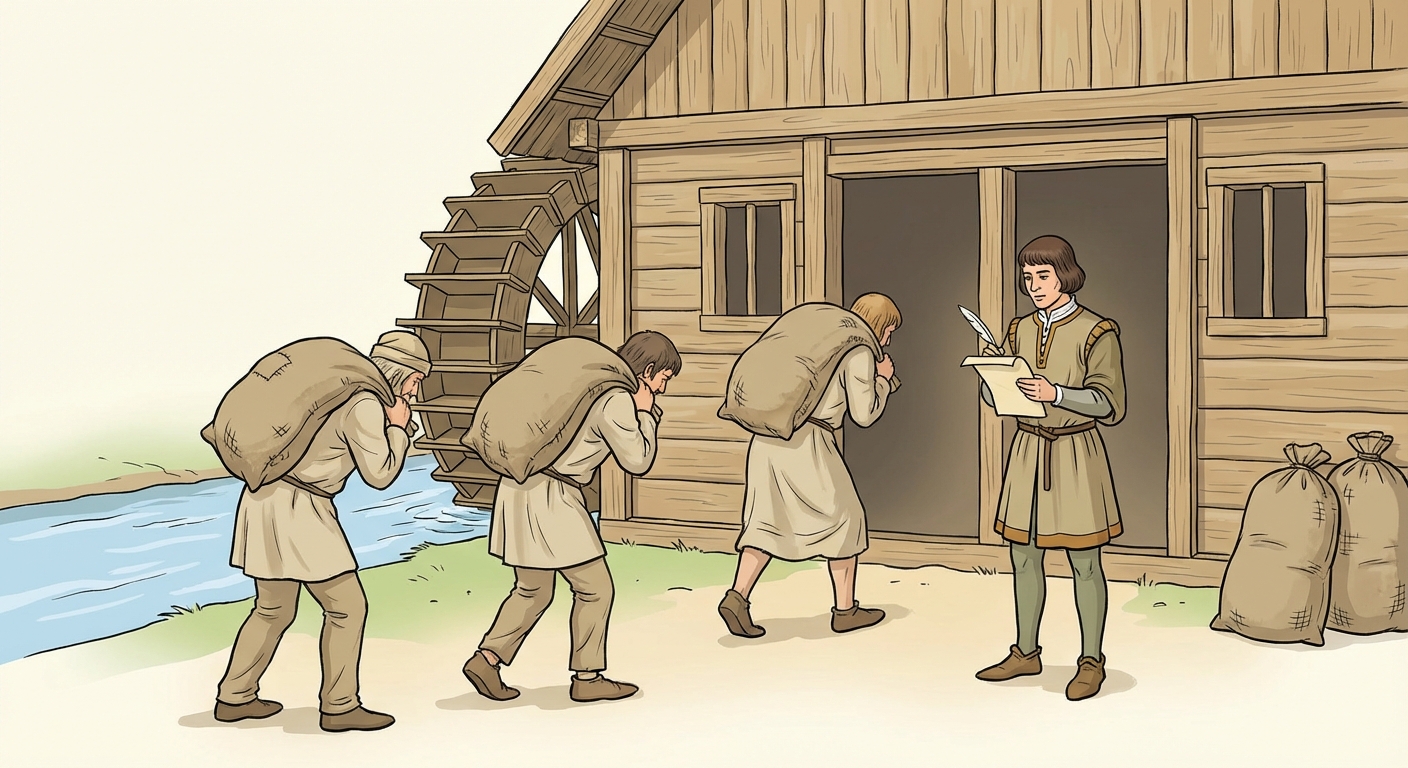 Dessin réaliste style historique. Un moulin à eau en bois au bord d'une rivière. Devant la porte, trois paysans avec des vêtements simples en lin beige portent de lourds sacs de grains sur le dos. Un homme mieux habillé (l'intendant du seigneur) note quelque chose sur un parchemin à l'entrée.