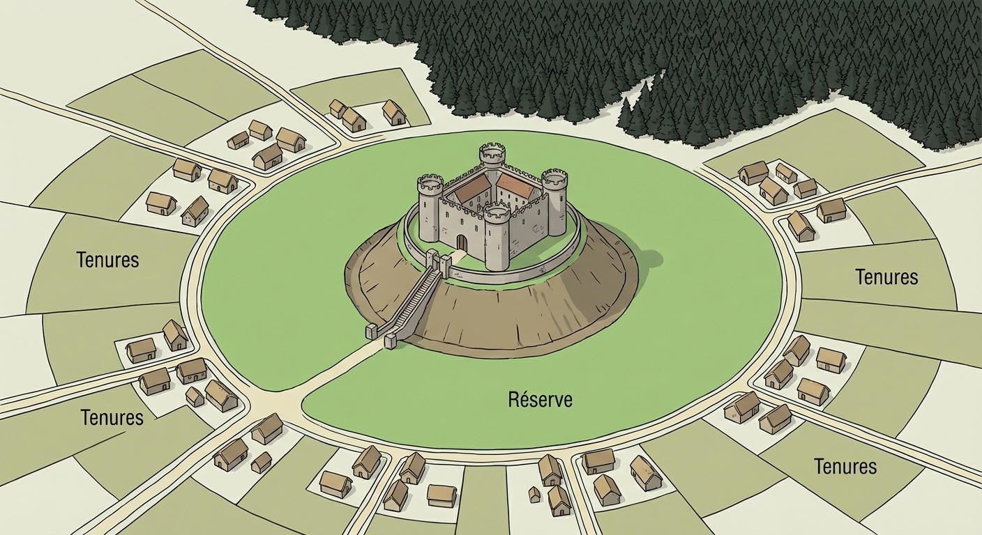 Schéma pédagogique simple vue de dessus. Au centre, un château fort sur une motte de terre. Autour du château, une zone verte notée 'Réserve' (terres du seigneur). Autour de la réserve, plusieurs parcelles de champs notées 'Tenures' (terres des paysans) avec de petites maisons simples regroupées. Au fond, une forêt sombre. Des chemins relient le village au château.