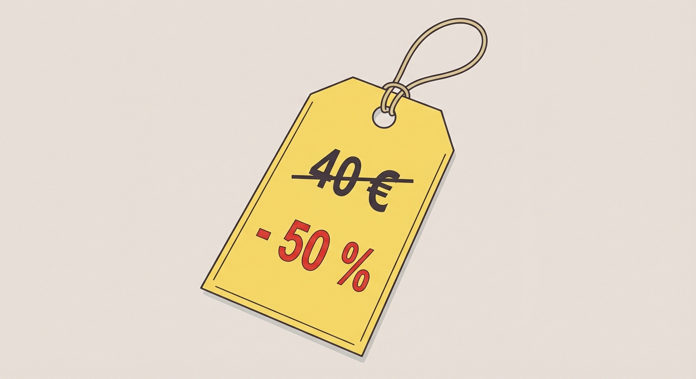 Illustration d'une étiquette de prix jaune. Prix initial barré : '40 €'. En rouge en dessous : '- 50 %'.