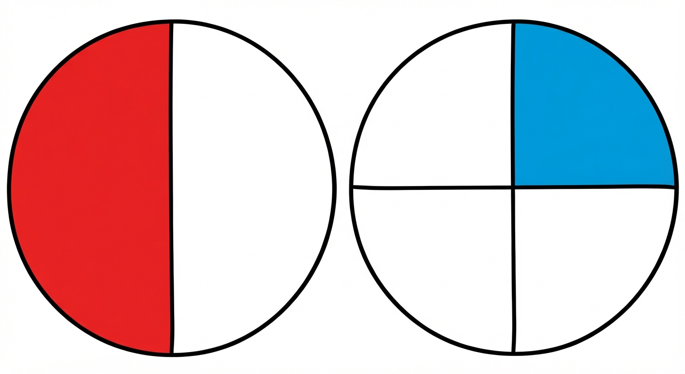 Deux diagrammes circulaires (camemberts) côte à côte. Le premier a une moitié coloriée en rouge (50%). Le second est coupé en 4, avec une seule part coloriée en bleu (25%). Style scolaire clair.