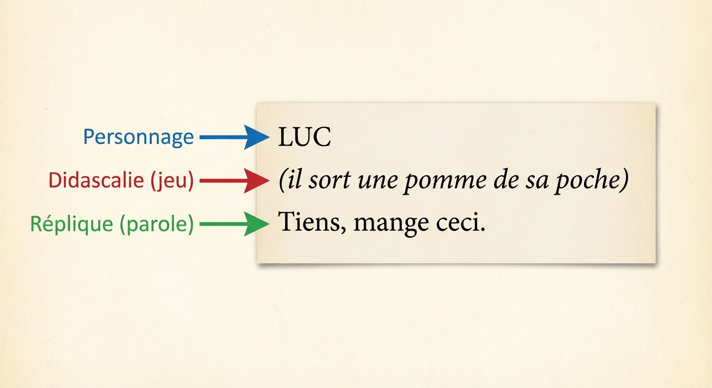 Image pédagogique d'un extrait de texte théâtral sur fond papier. Une flèche bleue pointe vers le nom 'LUC' et indique 'Personnage'. Une flèche rouge pointe vers le texte '(il sort une pomme de sa poche)' en italique et indique 'Didascalie (jeu)'. Une flèche verte pointe vers la phrase 'Tiens, mange ceci.' et indique 'Réplique (parole)'.