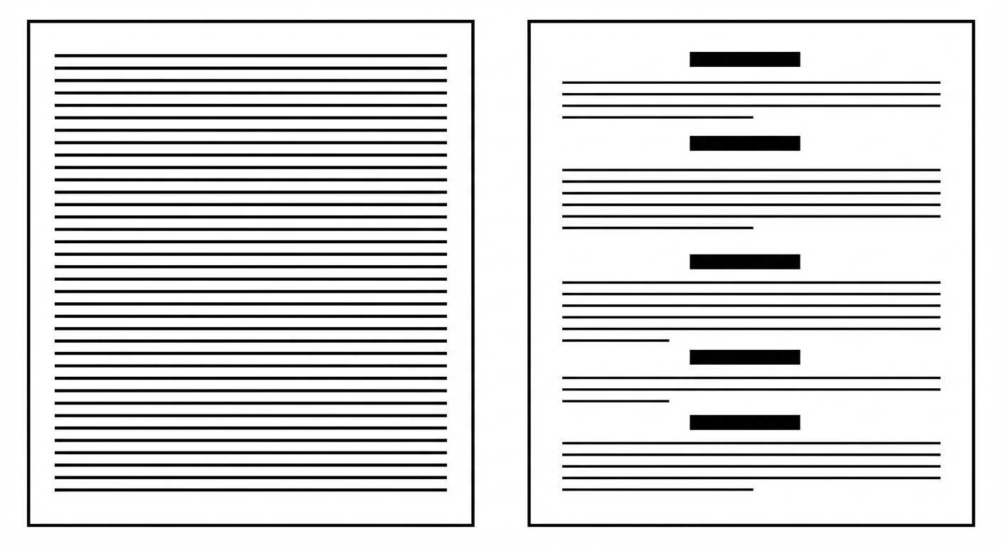 Schéma comparatif simple. À gauche, un rectangle représentant une page de roman remplie de lignes de texte noires régulières et serrées. À droite, un rectangle représentant une page de théâtre avec des noms de personnages centrés en gras, des textes courts et beaucoup d'espaces blancs. Fond blanc épuré.