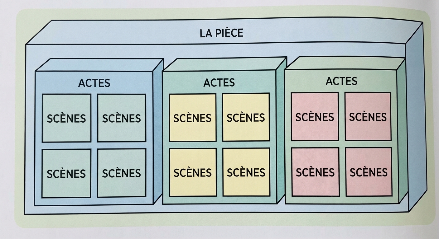 Dessin schématique de boîtes imbriquées. Une très grande boîte étiquetée 'LA PIÈCE' contient 3 boîtes moyennes étiquetées 'ACTES'. Chaque boîte moyenne contient 4 petites boîtes carrées étiquetées 'SCÈNES'. Couleurs pastel douces et claires.