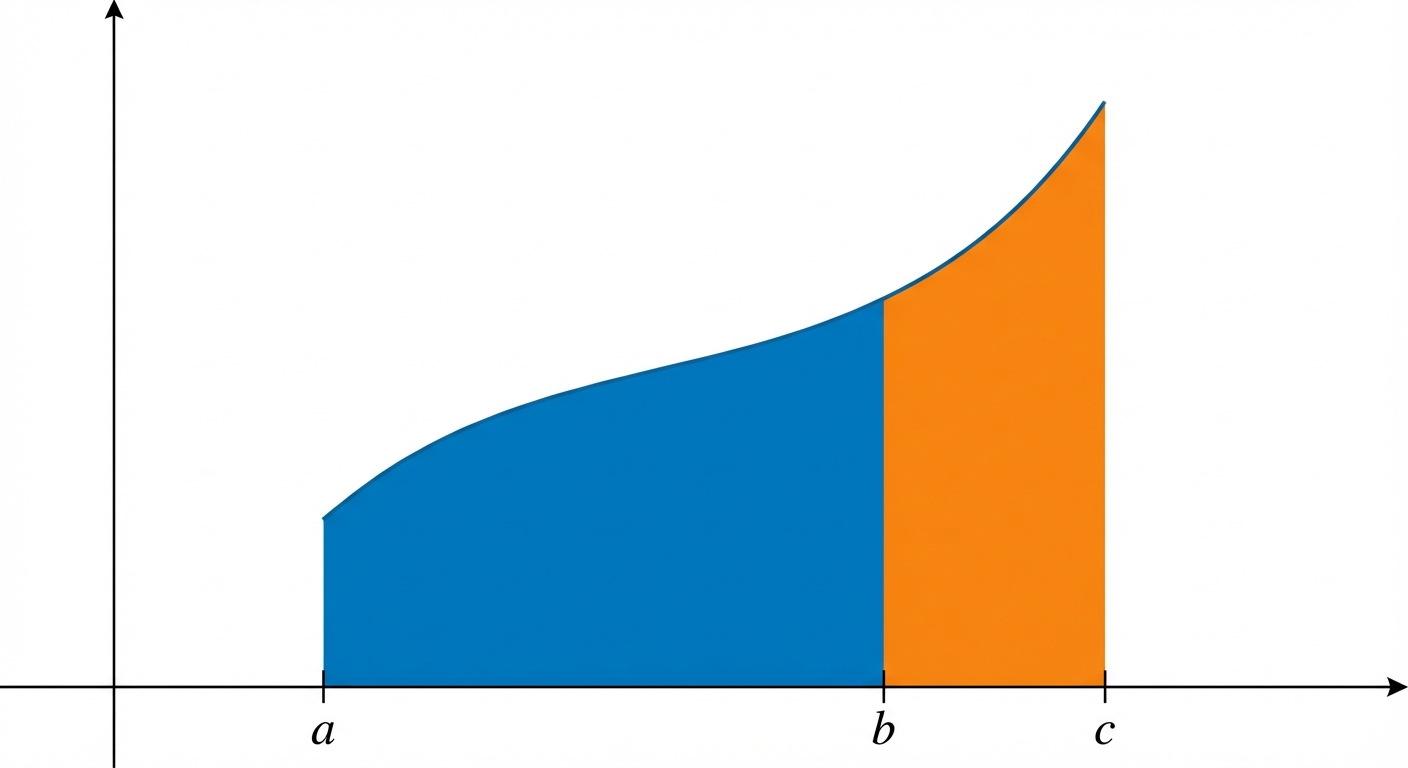 Graphique 2D avec axes X et Y. Une courbe positive lisse. L'aire sous la courbe est divisée en deux parties adjacentes par une ligne verticale. La partie gauche est coloriée en bleu, la partie droite est coloriée en orange. Les bornes sur l'axe X sont marquées a, b et c de gauche à droite.