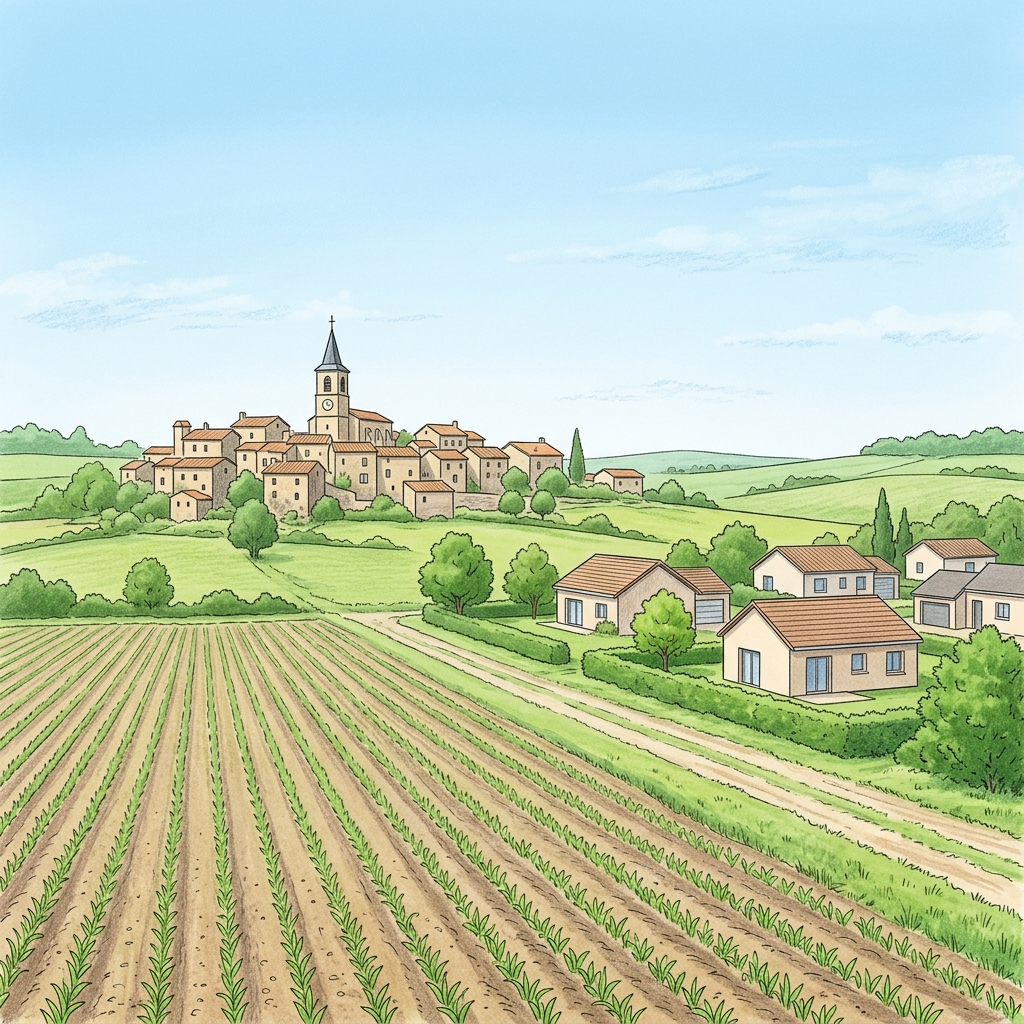 Illustration pédagogique pour un cours de géographie, niveau Première. Style : manuel scolaire, traits nets, fond clair de préférence. N'AJOUTE PAS de texte, de chiffres, de lettres ou de symboles dans l'image (aucune légende, aucune opération, aucun titre), à part si on te le demande clairement. N'ajoute pas d'objets, de personnages ou de décor qui ne sont pas mentionnés. Si un nombre d'objets est indiqué, dessine EXACTEMENT ce nombre (pas plus, pas moins). Tu dois représenter STRICTEMENT la scène suivante, en respectant les quantités et la disposition décrites (n'ajoute rien, n'enlève rien) : Un paysage de campagne avec un champ cultivé au premier plan, un petit lotissement de maisons récentes à droite et le clocher d'un village traditionnel en arrière-plan sous un ciel dégagé.