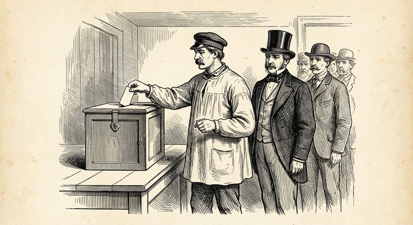 Dessin style gravure ancienne (1848). Une urne de vote en bois posée sur une table. Une file d'hommes attend pour voter : on voit un ouvrier en blouse et casquette, suivi d'un bourgeois en costume et haut-de-forme. Ils sont égaux devant l'urne.