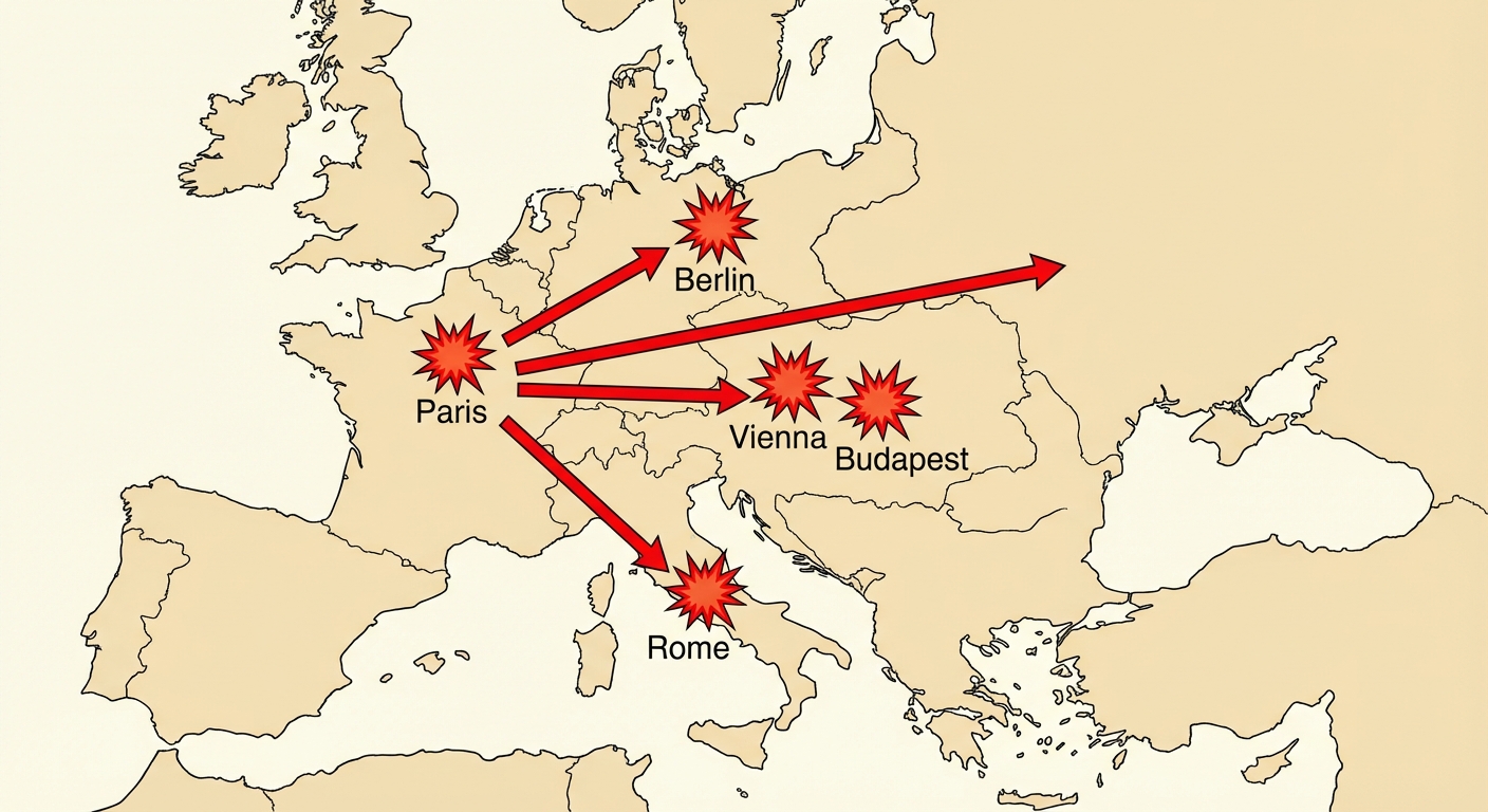 Carte simplifiée de l'Europe en 1848. Fond beige clair. Des symboles d'explosion rouge vif sont placés sur les villes de Paris, Berlin, Vienne, Rome et Budapest. Des flèches rouges partent de la France vers l'est de l'Europe.