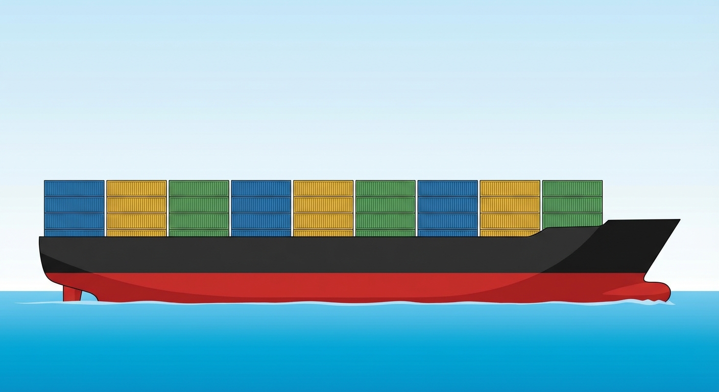 Dessin d'un grand navire porte-conteneurs vu de profil naviguant sur l'eau. Le navire possède une coque rouge en bas et noire en haut. Il est chargé de boîtes rectangulaires empilées représentant des conteneurs. Il y a exactement 4 rangées de hauteur de conteneurs. Les conteneurs sont colorés en bleu, jaune et vert. Ciel clair en fond, aucun texte.