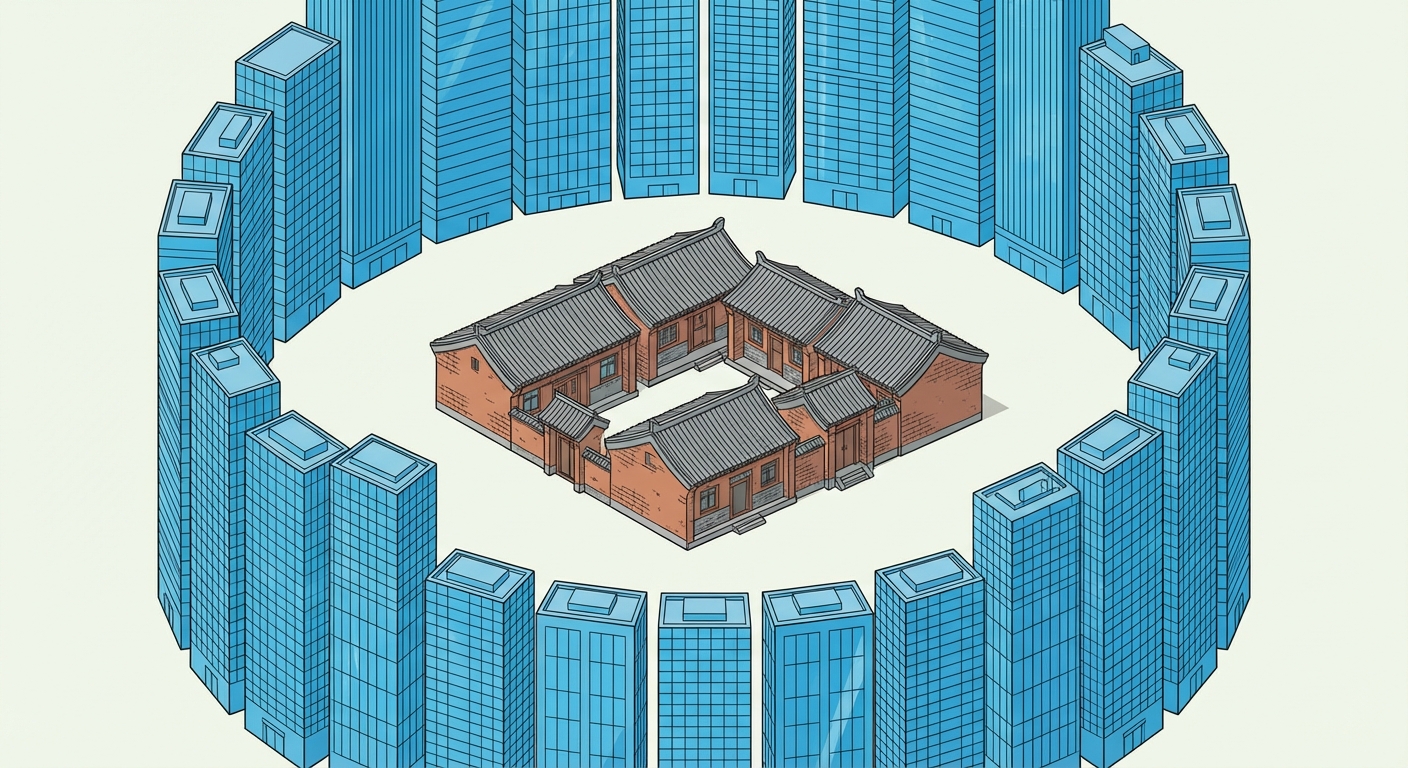 Dessin illustrant un village urbain chinois. Au centre, un petit groupe de cinq vieilles maisons basses en briques avec des toits en tuiles grises. Tout autour de ces petites maisons, un mur circulaire continu de hauts gratte-ciel modernes en verre bleu les encercle complètement.